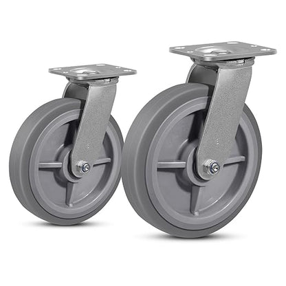 8 Inch Rubber Wheels (Flat Tread)- Heavy Duty Casters, Industrial Caster Wheels- with up to 1200 LB Capacity- Use for Dollies, Utility and Maintenance Carts(2 Swivel)