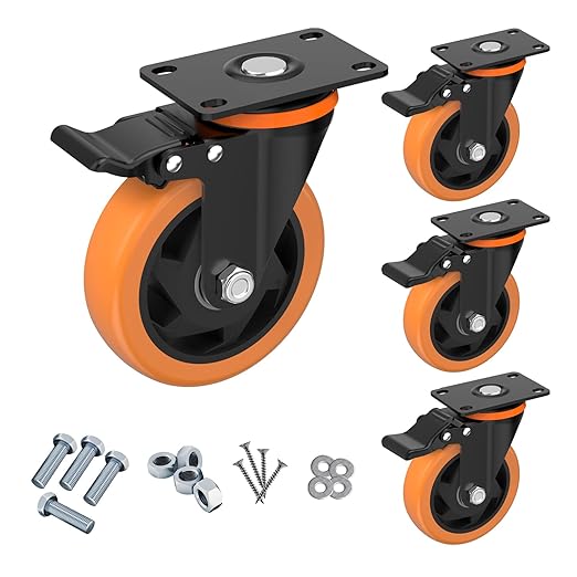4 Inch Caster Wheels,Orange Casters Set of 4, Heavy Duty Casters with Brake 2200 Lbs, Locking Industrial Swivel Top Plate Casters Wheels for Furniture and Workbench Cart(Two Hardware Kits Include)