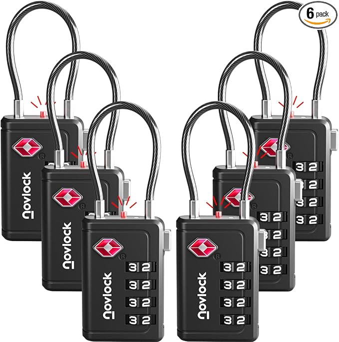 TSA Approved Luggage Locks | Inspection Indicator, 4-Digit Combination, Durable Zinc Alloy | for Suitcases, Backpacks, Travel Bags | Black, 6-Pack