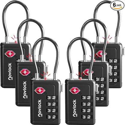 TSA Approved Luggage Locks | Inspection Indicator, 4-Digit Combination, Durable Zinc Alloy | for Suitcases, Backpacks, Travel Bags | Black, 6-Pack