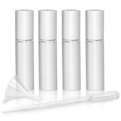 L'AUTRE PEAU Refillable Perfume & Cologne Fine Mist Atomizers with Metallic Exterior & Glass Interior - Portable Travel Size - 3ml Squeeze Transfer Pipette Included - 4 Pc Pack of 5ml (Silver)