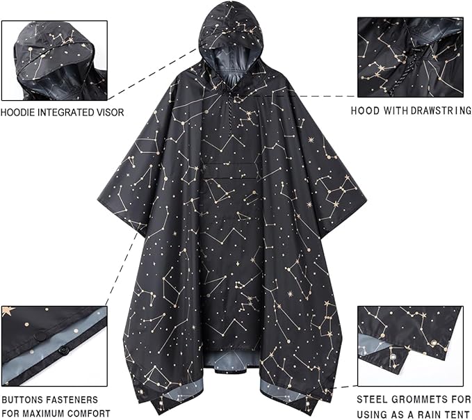 Hooded Rain Poncho for Adult, Waterproof Lightweight Raincoat for Hiking Camping