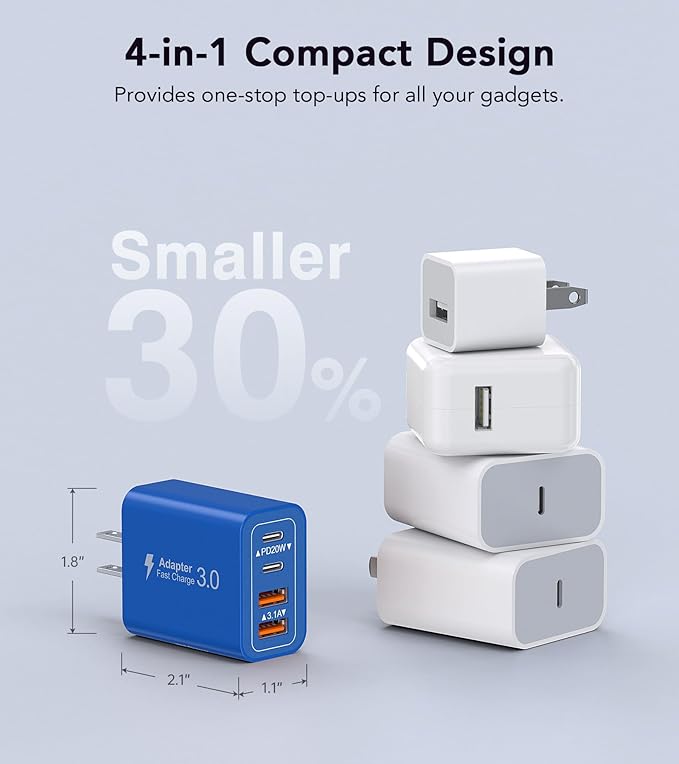 40W USB C Super Fast Charger Cube,2 Pack PD + QC Charging Block Power Adapter 4 Port Wall Mount Plug for iPhone 17 16 15 14 13 12, Motorola, LG, Google Pixel 6a/6 Pro/6/5a/5/4/4A Box Brick (Dark Blue)