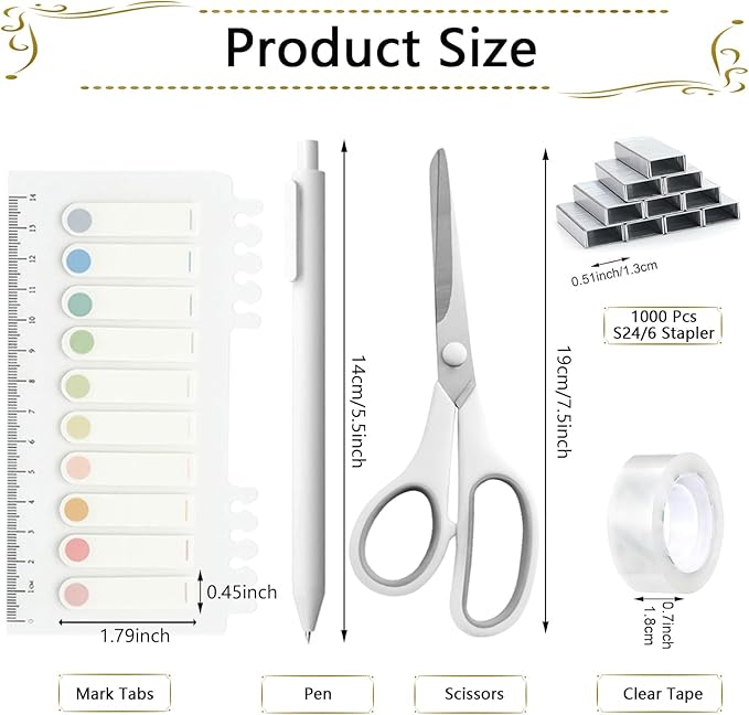 Office Supplies,Desk Accessories, Stapler and Tape Dispenser Set for Women with Stapler, Tape Dispenser, Staple Remover, Staples, Clips, Scissor and Tabs,Gift for Students, Coworkers