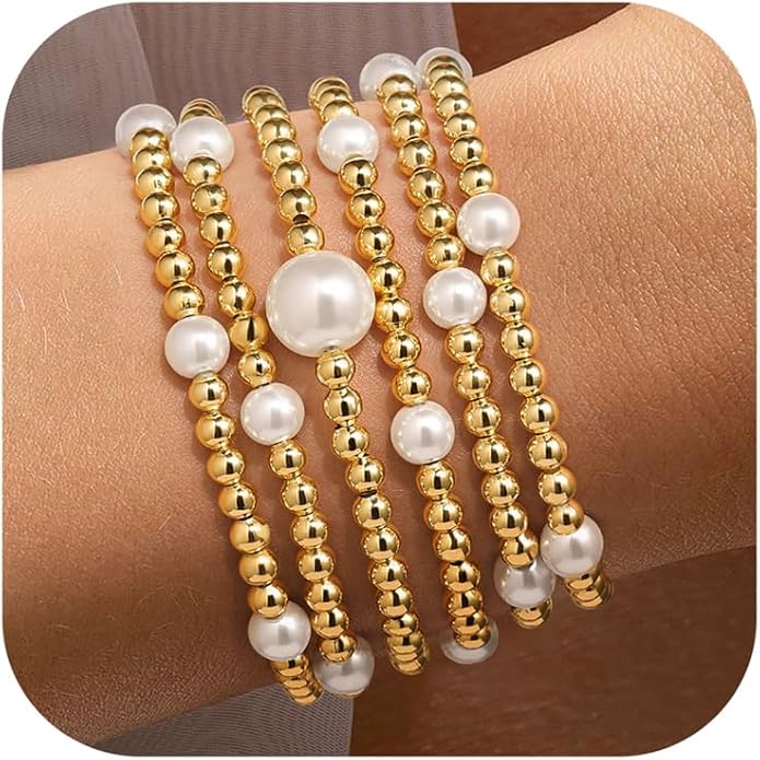Yoosteel Gold Beaded Bracelets Set for Women Teen Girl Gifts Non Tarnish - 14K Gold Plated Dainty Round Bead Ball Pearl Cross Bracelet Stack for Women Teenage Girls Stackable Jewelry Christmas Gifts