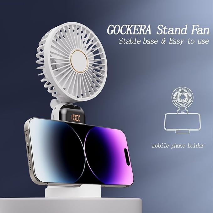 Portable Fan, 4200mAh Battery Operated Fan, 5 Speeds&Digital Display, Makeup Fans for Women with Base, 180°Foldable 3in1 Handheld/Neck/Desk Fan for Outdoor Indoor,Ultra Quiet (White)