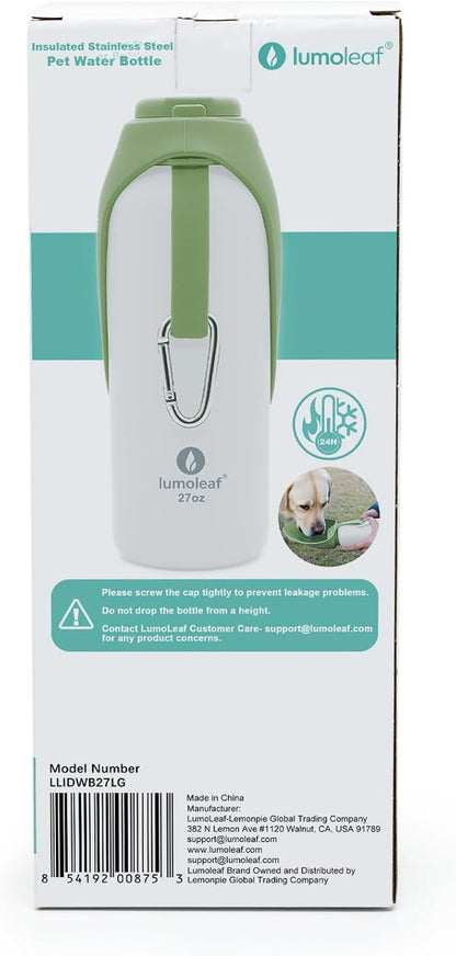 LumoLeaf Insulated Dog Water Bottle 27 oz Stainless Steel - Keep Water Cool or Warm, Portable Pet Water Bowl for Travel, Wide Mouth for Easy Ice Filling & Cleaning (Green, 27 oz)