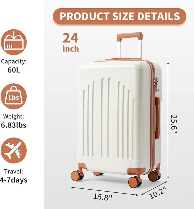 Karl home 24in Checked Luggage with TSA Lock, ABS Hardshell Check-in Suitcase with Spinner Wheels, Durable Medium Suitcase Rolling Luggage for Business Travel, White & Brown