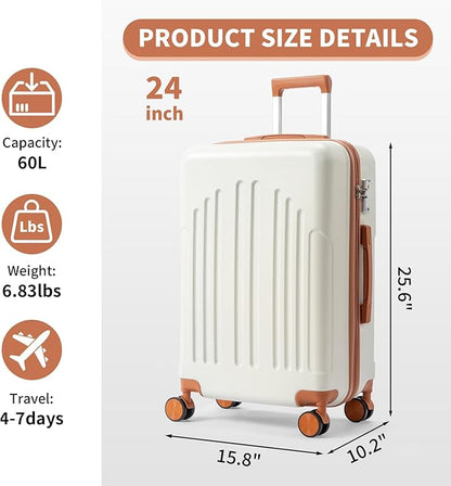 Karl home 24in Checked Luggage with TSA Lock, ABS Hardshell Check-in Suitcase with Spinner Wheels, Durable Medium Suitcase Rolling Luggage for Business Travel, White & Brown