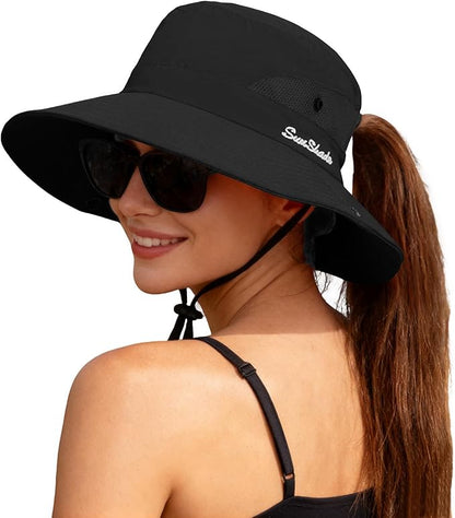 ZOORON Women's Ponytail Safari Sun Hat,Wide Brim UV Protection Outdoor Bucket Hat,Foldable Beach Summer Fishing Hat