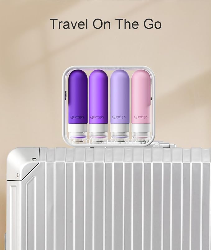 Quatish Travel Bottles for Toiletries, Original Patented Leak Proof Travel Size Containers, 3 oz Tsa Approved Silicone Shampoo and Conditioner Bottles, 4 Pack,，Purple