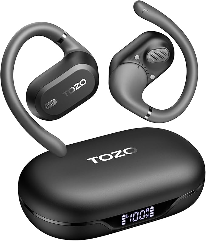 TOZO OpenWear Open Ear Headphones, Adjustable Ear Hooks, Ultra Comfort, Punchy Bass Bluetooth Headphones 5.4 with Smart Digital Display, Immersive Audio Earbuds, Stereo Bass, Fast Charging