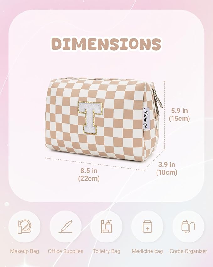 Narwey Birthday Gifts for Women Teen Girls Kids Personalized Initial Checkered Makeup Bag Cute Cosmetic Bag Trendy Stuff 6 8 10 11 12 13 14 16 18 Years Old Travel Toiletry Bag (Brown Letter T)