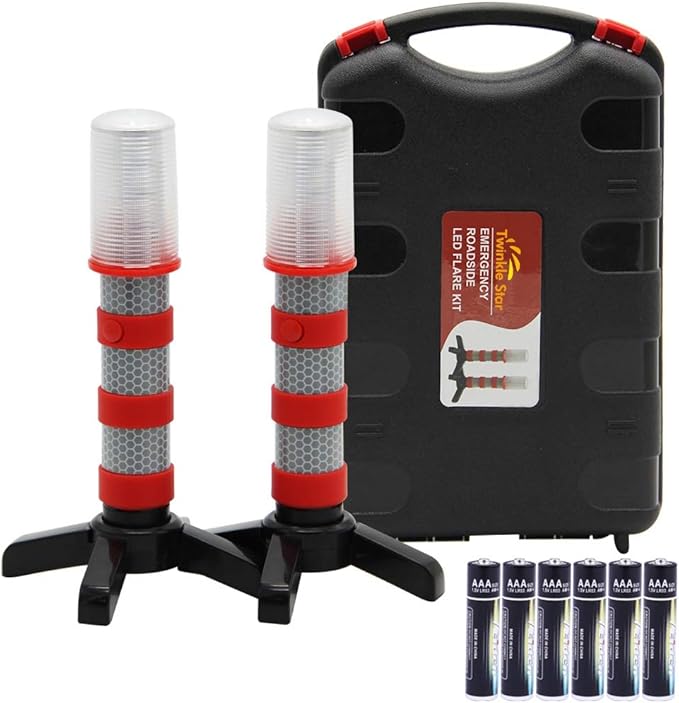 Twinkle Star Emergency Roadside Flares Kit LED Safety Strobe Road Warning Light Highway Beacon Alert Flare with Magnetic Base, Detachable Stand, Solid Storage Case (Set of 2)