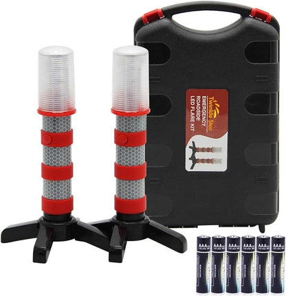 Twinkle Star Emergency Roadside Flares Kit LED Safety Strobe Road Warning Light Highway Beacon Alert Flare with Magnetic Base, Detachable Stand, Solid Storage Case (Set of 2)