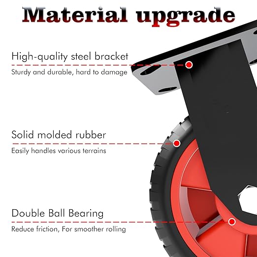 6 Inch Heavy Duty Industrial Casters,400 LBS Capacity per Caster,Set of 2 Fixed Solid Rubber Wheels for Utility Cart, Dolly, Workbench & Outdoor(no Brake)