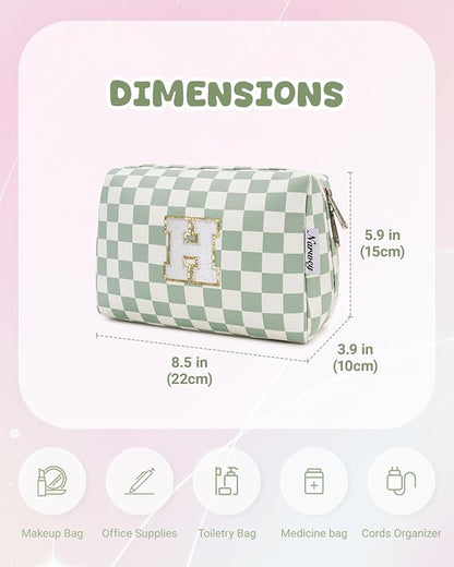 Narwey Birthday Gifts for Teen Girls Women Personalized Initial Checkered Makeup Bag Preppy Cosmetic Bag Trendy Stuff 6 8 10 11 12 13 14 16 18 Years Old Travel Toiletry Bag (Green Letter H)