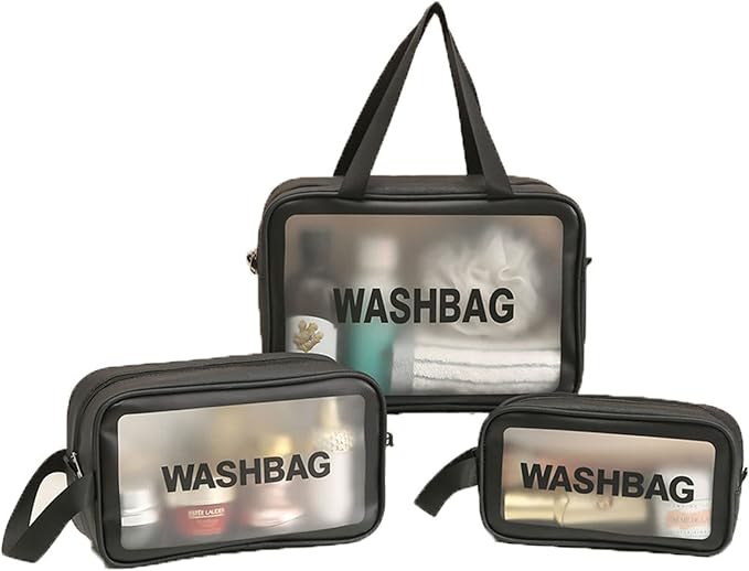 Clear Travel Bags for Toiletries, 3Pcs Portable PVC Waterproof Cosmetic Bags, Transparent Travel Storage Carry Pouch, Toiletry Bags and Cosmetics Organizer for Women Men (Black)