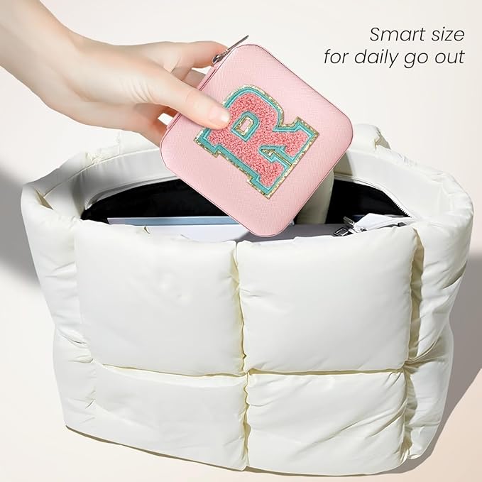 SANDJEST Personalized Jewelry Box, Pink Travel Jewelry Box with Initial R, Small Monogrammed Jewelry Case Organizer for Girls Women Teen Kids, Mini Travel Essentials Gifts for Birthday Christmas