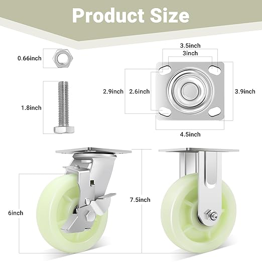 W B D WEIBIDA Heavy Duty Caster Wheels 6 Inch - 4500 LBS, PP Plate Castor Set of 4 with Double Ball Bearings, Non-Marking Industrial Swivel Casters for Hand Trucks, Carts, Industrial (2 Brake 2 Rigid)