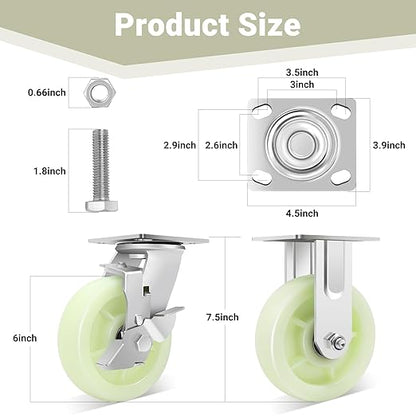 W B D WEIBIDA Heavy Duty Caster Wheels 6 Inch - 4500 LBS, PP Plate Castor Set of 4 with Double Ball Bearings, Non-Marking Industrial Swivel Casters for Hand Trucks, Carts, Industrial (2 Brake 2 Rigid)