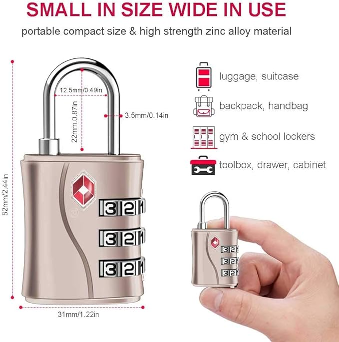 ZHEGE TSA Lock for Luggage, 3 Digit Travel Lock for Suitcase, Backpack, Baggage (Rose Gold, 1 Pack)