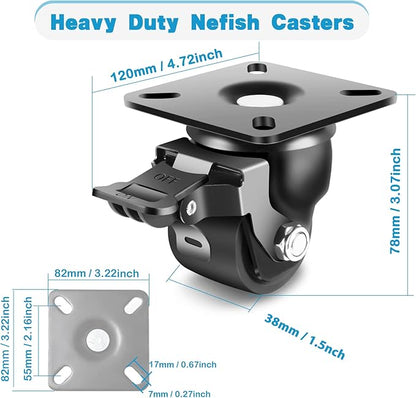 Nefish 2-Inch Heavy Duty Casters Set of 4, Industrial Grade Castors Wheels 2200 LBS, Low Gravity Plate Swivel Caster with Brake, Durable & Corrosion-Resistant Nylon Wheels for Industrial, Equipment