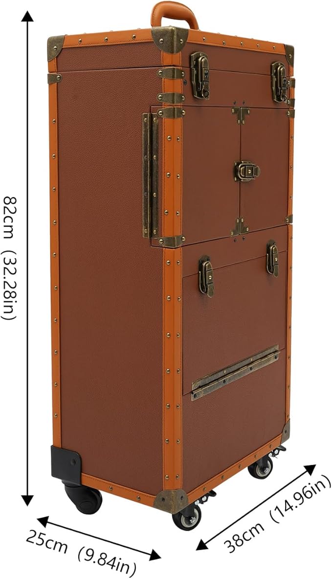 Beauty Rolling Makeup Train Case, Professional Lockable Rolling Salon Luggage, Retro-Rolling Cart Storage Organizer Trolley Make Up Case, 4 Universal Wheels, Retractable Rod, Buckle (Coffee Color)