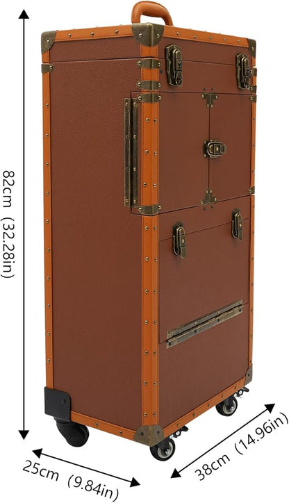 Beauty Rolling Makeup Train Case, Professional Lockable Rolling Salon Luggage, Retro-Rolling Cart Storage Organizer Trolley Make Up Case, 4 Universal Wheels, Retractable Rod, Buckle (Coffee Color)