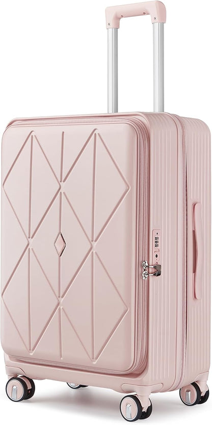 Merax 100% PC Hard Shell Luggage Set, 3 Piece Lightweight TSA Lock Spinner Suitcase with Front Pocket, Airline Approved, Pink, 20/24/28 Inch