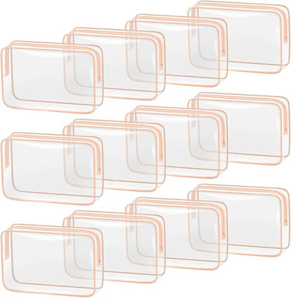 TISRATOK 12 PCS Clear Makeup Bag for Women with Zipper, TSA Approved Toiletry Pouch, Cosmetic Bag Bulk for Travel Organizer Essentials - Orange-pink, Large