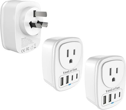 2 Packs Type I Australian Plug Adapter, VooLerTun Timor Argentina Travel Plug Adapter with 4 USB Charger Ports (2 USB C),1 American Outlet Adapter. US Converter for Australia Travel