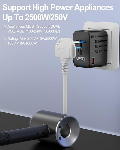 Universal Travel Adapter GaN 65W Fast Charger, 3 USB C(Each/GaN 65W) & 1 USB A(PD 45W) Ports & 2500W AC Outlet, International Power Adapter High Power Travel Plug Adapter for Europe UK US AUS