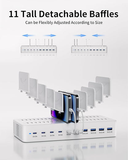 100W Charging Station for Multiple Devices, 10-Port USB Fast Charging Station with Adjustable Dividers & 10 Cables- Multi Device Organizer Charging Dock for iPhone, iPad, Tablets & More