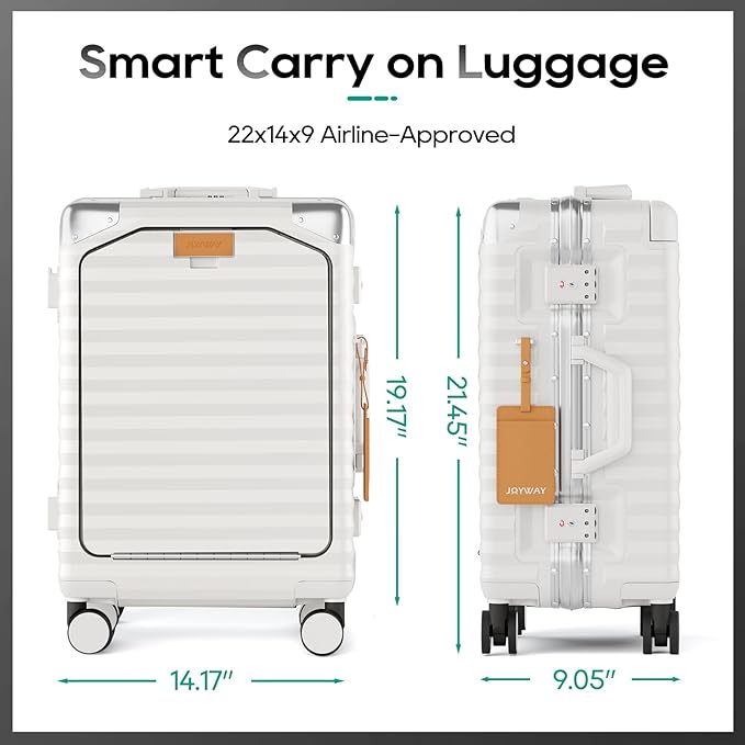 Joyway 20 Inch Carry on Luggage with Aluminium Frame and Front Pocket, PC Hardshell Suitcase with USB Port and Cup Holder, 21.5x14.2x9 Airline Approved, Luggage with Spinner Wheels and TSA Lock(White)