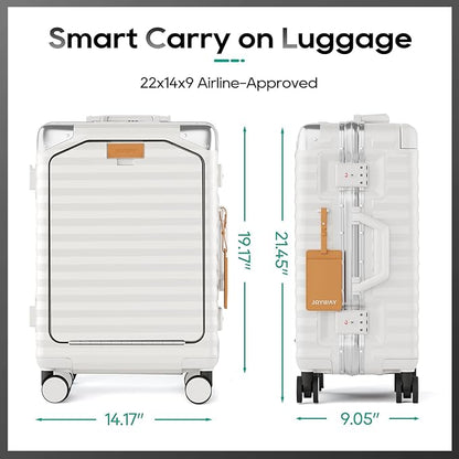 Joyway 20 Inch Carry on Luggage with Aluminium Frame and Front Pocket, PC Hardshell Suitcase with USB Port and Cup Holder, 21.5x14.2x9 Airline Approved, Luggage with Spinner Wheels and TSA Lock(White)