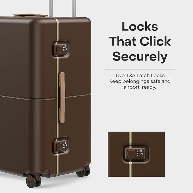 Checked Trunk - 26.8" Zipperless Airline Approved Check In Luggage with Wheels, 80/20 Opening Spinner Suitcase - TSA Lock Rolling Suitcase, Spinner Wheels, Y-Strap - Matte Brown