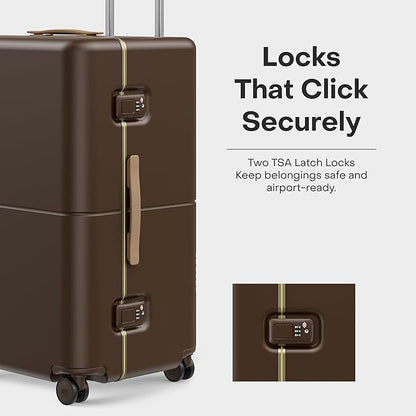 Checked Trunk - 26.8" Zipperless Airline Approved Check In Luggage with Wheels, 80/20 Opening Spinner Suitcase - TSA Lock Rolling Suitcase, Spinner Wheels, Y-Strap - Matte Brown