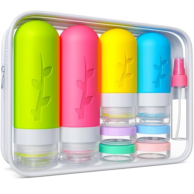 TSA Approved Travel Bottles Set – 18 Piece Leak-Proof Silicone Toiletry Kit with Clear Bag, Refillable Bottles, Jars, Spray Bottle & Accessories for Shampoo, Lotion and Body Wash