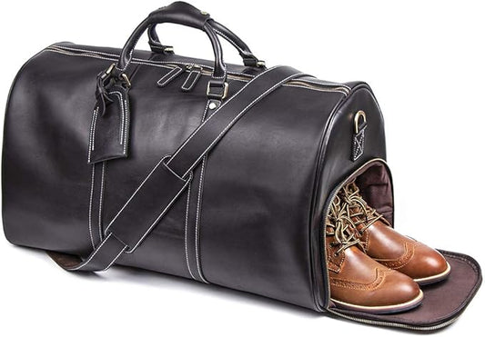 24 Inch Leather Travel Weekend Luggage Bag, Mens Duffle Retro Carry on Handbag (Black)