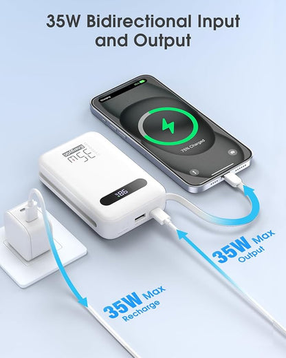 EnergyQC 20000mAh Portable Charger, 35W PD 3.0+QC 4.0 Fast Charging Power Bank with Built-in Lightning & USB-C in&Out Cables, Travel Battery Pack for iPhone 16/15/14/13, Samsung, iPad, Android, White
