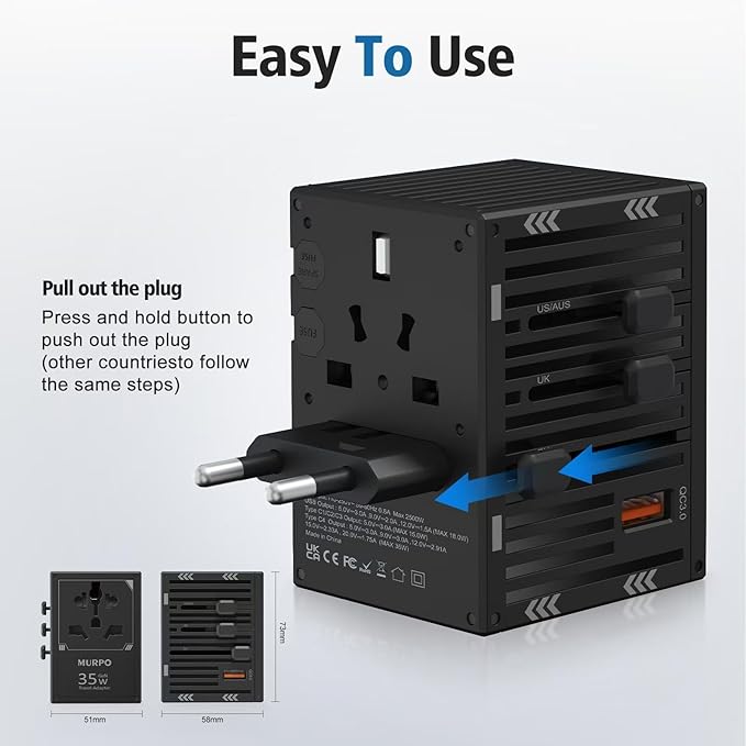 Travel Adapters, International Power Travel Plug Adapter, 3 USB-C & 1 USB-A Fast Charging Travel Charger, All in One Worldwide Travel Plug Adapter, (Black-35W)