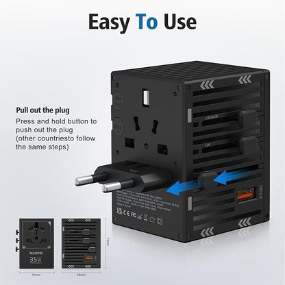 Travel Adapters, International Power Travel Plug Adapter, 3 USB-C & 1 USB-A Fast Charging Travel Charger, All in One Worldwide Travel Plug Adapter, (Black-35W)