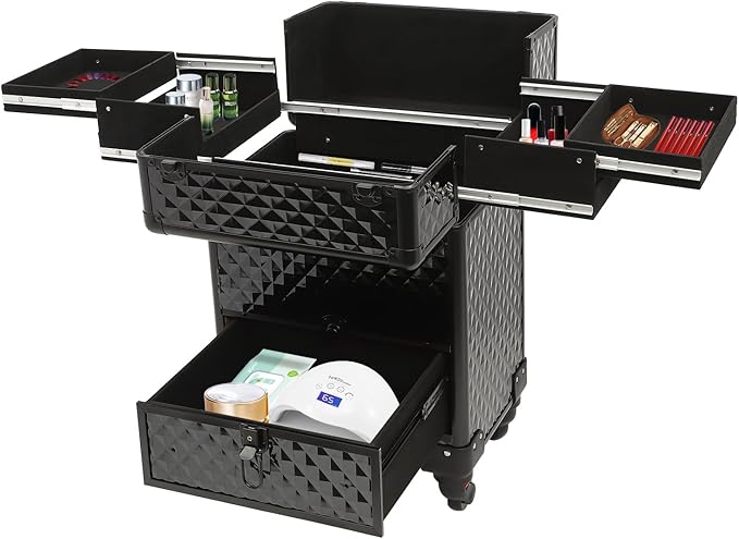 Rolling Makeup Train Case,Multi-functional Cosmetic Trolley with 360° Swivel Wheels Keys,Salon Barber Case Traveling Cart for Nail Technicians Hairstylist (Black)