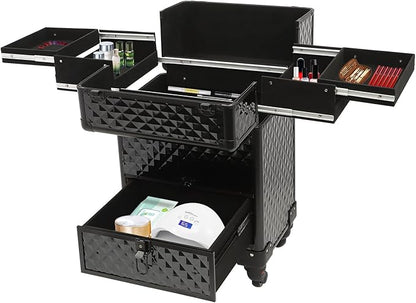 Rolling Makeup Train Case,Multi-functional Cosmetic Trolley with 360° Swivel Wheels Keys,Salon Barber Case Traveling Cart for Nail Technicians Hairstylist (Black)