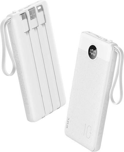 VRURC Power Bank for iPhone, 22.5W Fast Charging Phone Charge with Built-in Cables,10000mAh USB C in & Out Cord Portable Charger,Slim Lightweight Charging Bank Travel Essentail-White(1 Pack)