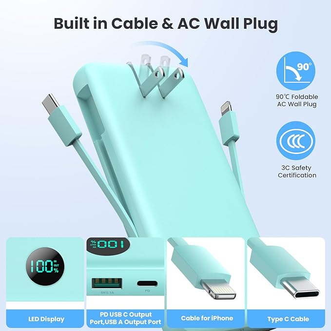 Portable Charger 33800mAh USB C Power Bank with Built-in Cables & AC Wall Plug,25W Fast Charging+QC 4.0 Phone Charger,4 Output Travel Essentials Battery Pack for iPhone16/15/14/13,Samsung,Android etc