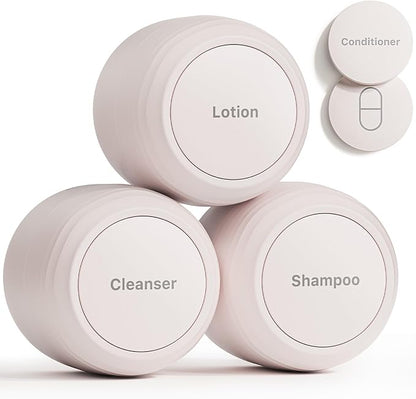 New Travel Toiletry Containers [Ultra Leakproof] TSA-Approved, PLA Hard Shell Jars with 5 Magnetic Labels, Wide Mouth Bottles for Lotion, Cleanser, Shampoo, Conditioner, Beige, 3 Pack, 1OZ