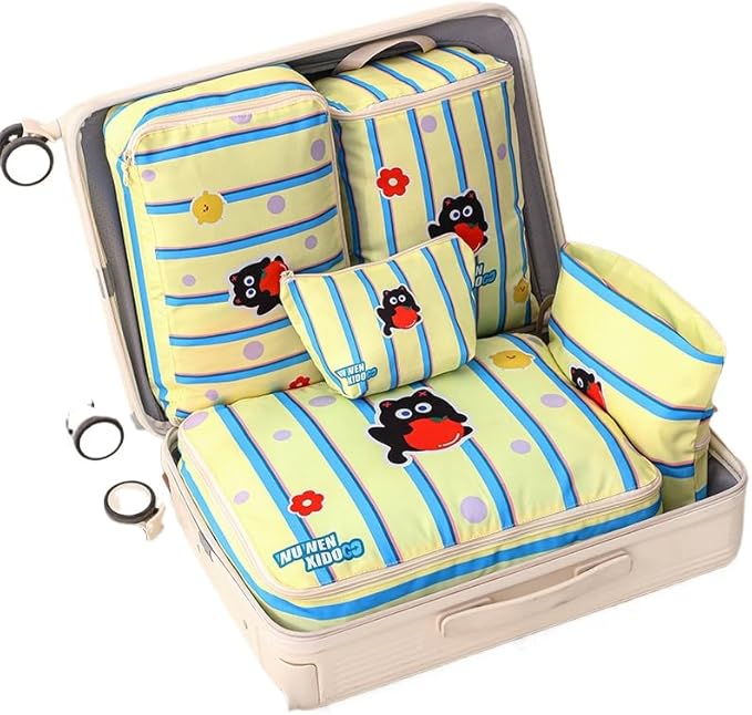 Striped Travel Organizer Bag Set with Cute Cat Design - 5-Piece Portable & Waterproof Packing Cubes for Luggage Clothing & Toiletries (Yellow Cat)