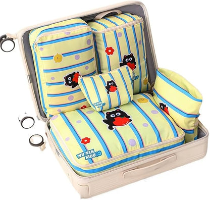 Striped Travel Organizer Bag Set with Cute Cat Design - 5-Piece Portable & Waterproof Packing Cubes for Luggage Clothing & Toiletries (Yellow Cat)